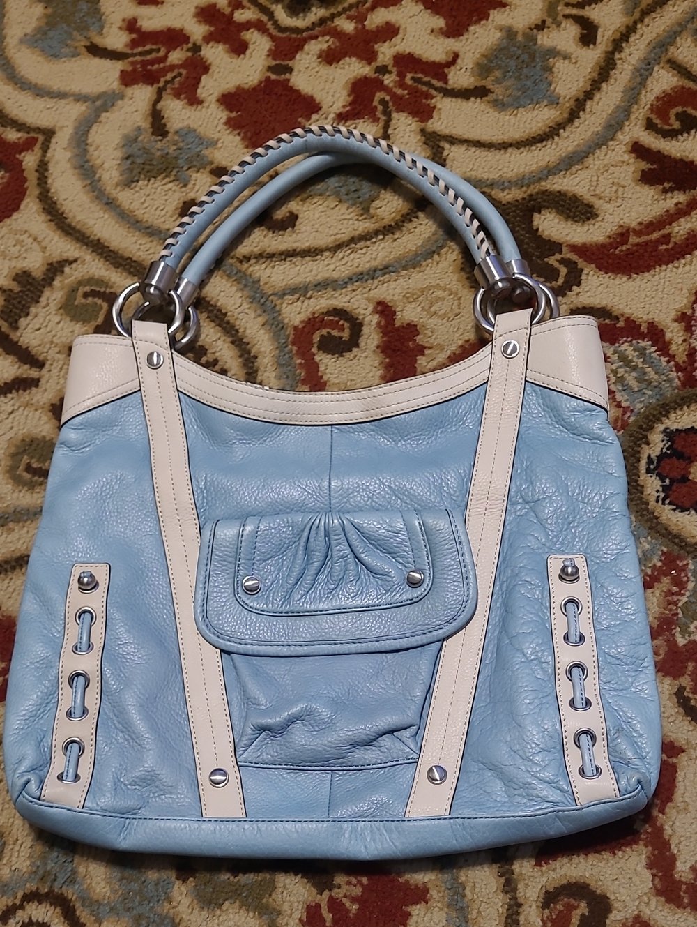 B. Makowsky Large Leather Hobo Satchel Sky Blue Cream Braided Rope Handles - Picture 2 of 16